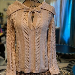 White House Black Market Blush Sailor-Collar Knit Sweater with Velvet Bow